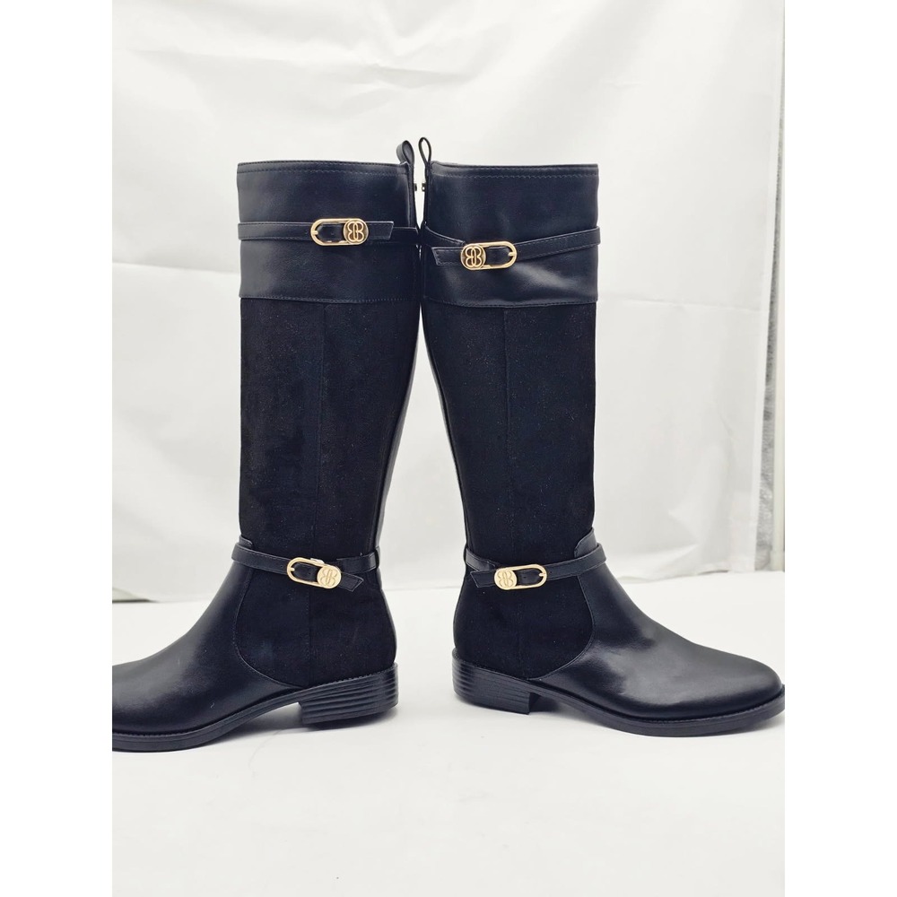 Bandolino Riding Boots Women 7.5M Black t Mixed Media Gold Buckle BNRYNN2